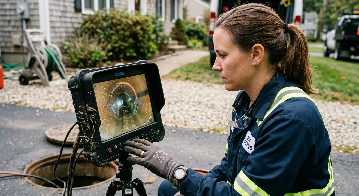 Technician reviewing sewer camera inspection footage in Rosaryville