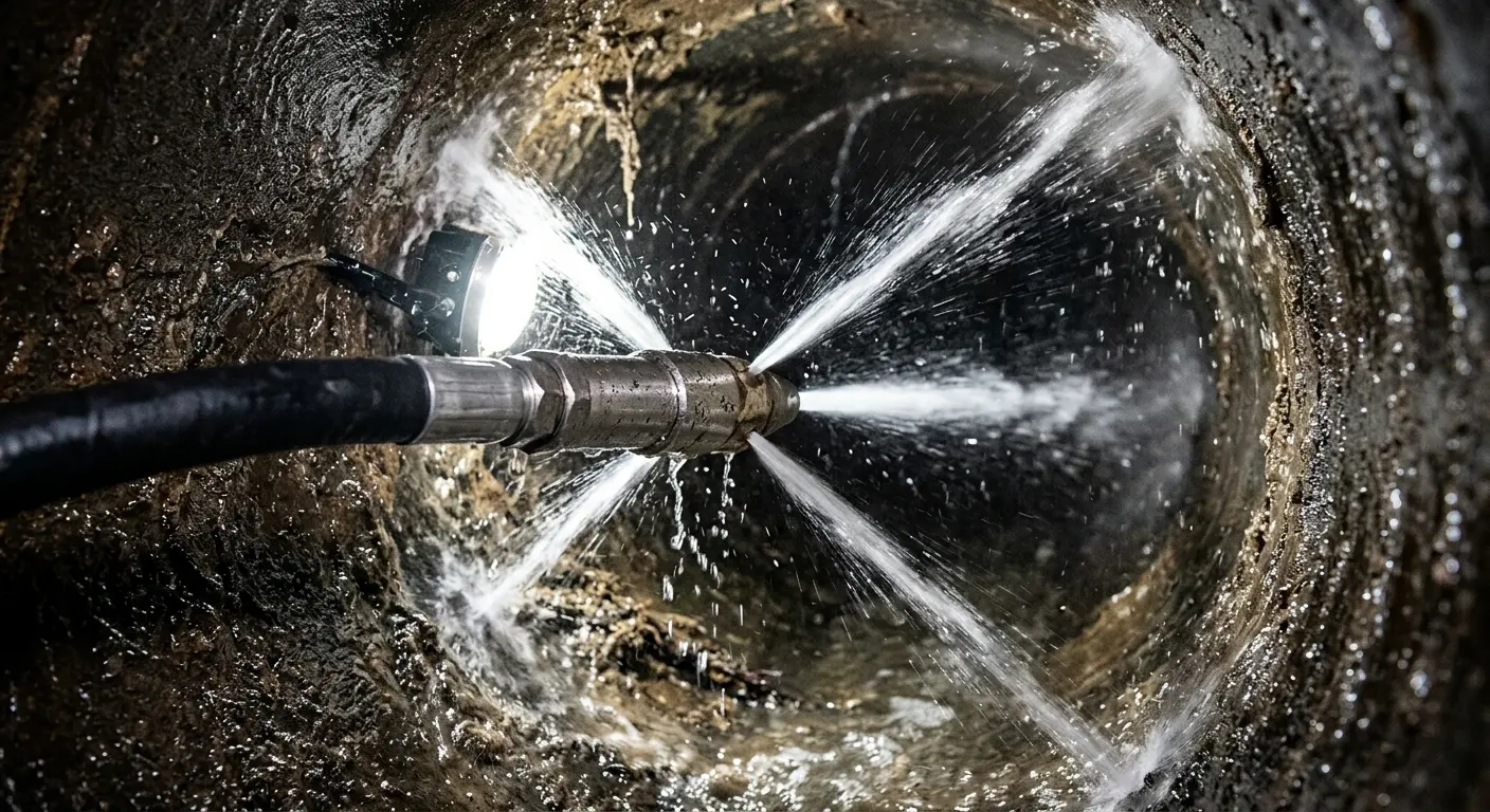 High-pressure hydro jetting nozzle cleaning sewer pipe for Trenchless Sewer Repair in Rosaryville