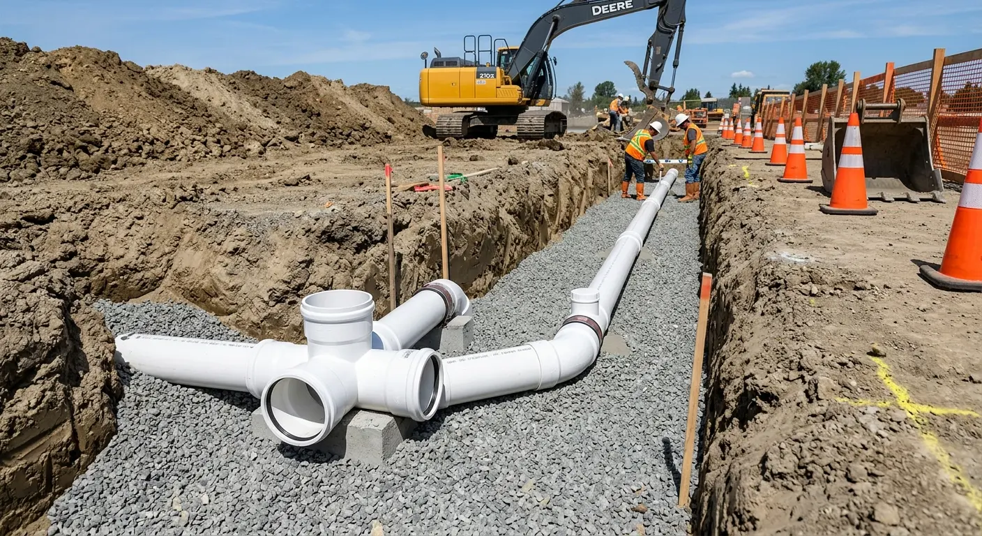 New PVC sewer pipe installation in open trench for Sewer Backup in Rosaryville
