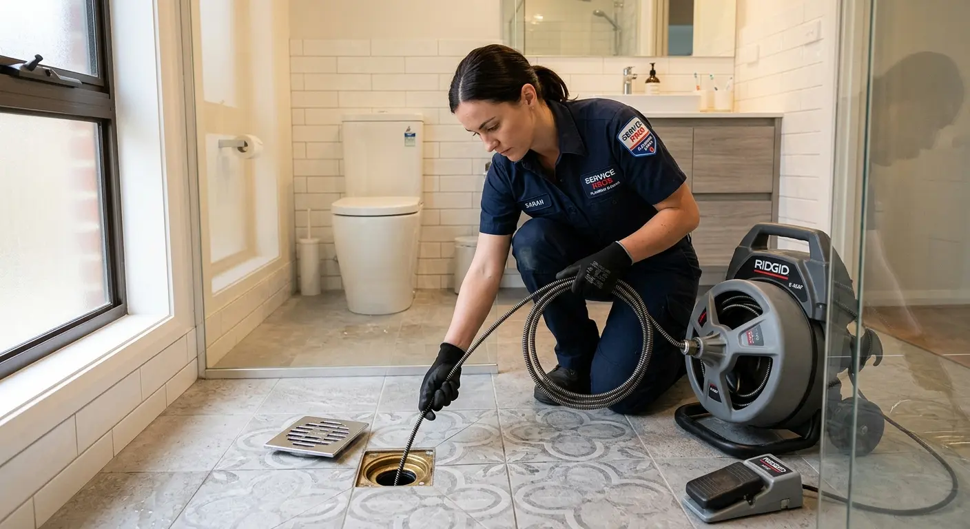 Technician clearing a bathroom floor drain for Drain Cleaning in Rosaryville